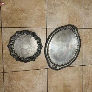Vintage Silver Plated Serving Trays, Set of 2, Etched Round & Large Oval Platter